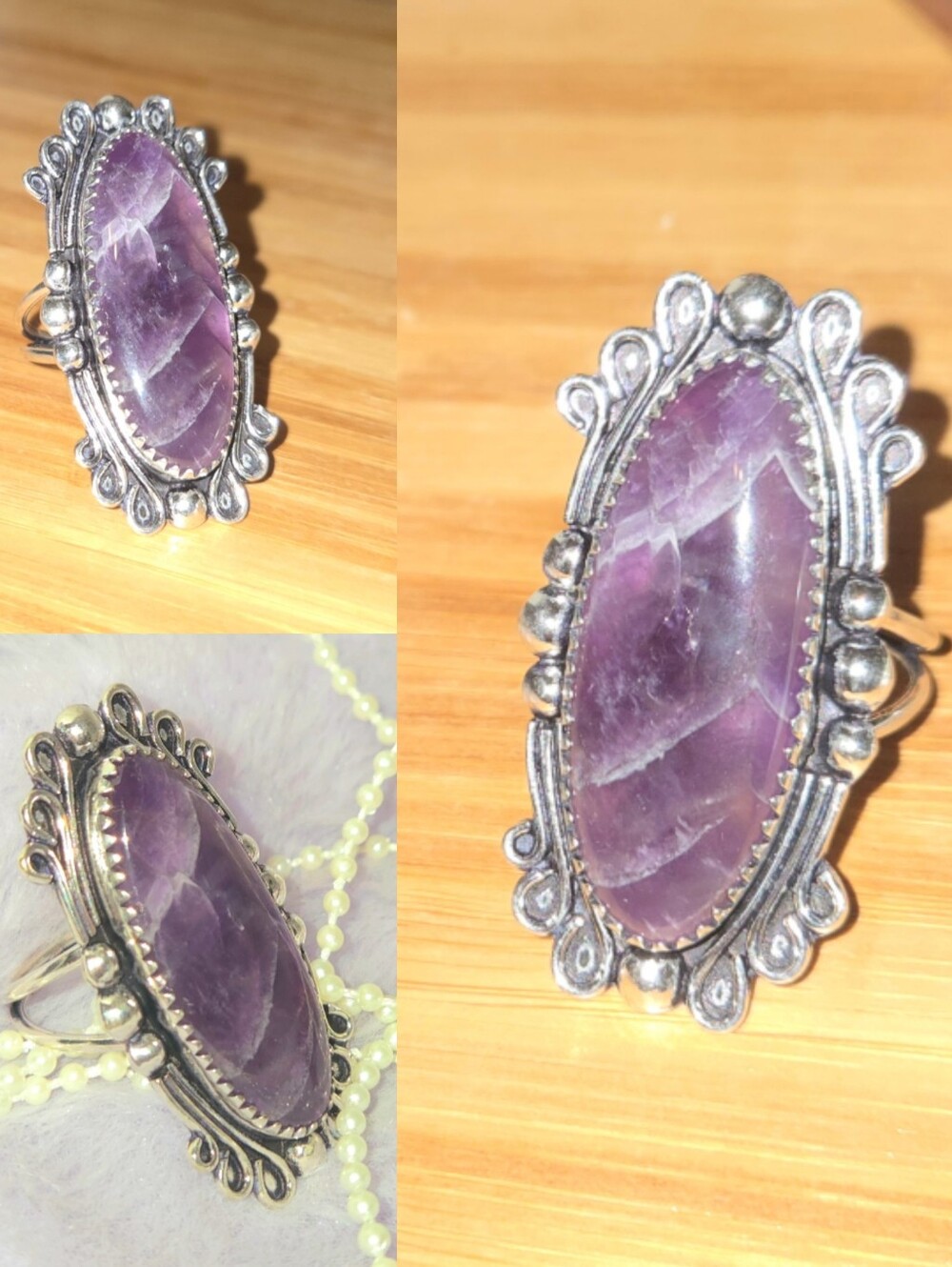 Natural Chevron Amethyst Gemstone Chunky Handmade Vintage Style Halo Ring - Picture 4 of 8